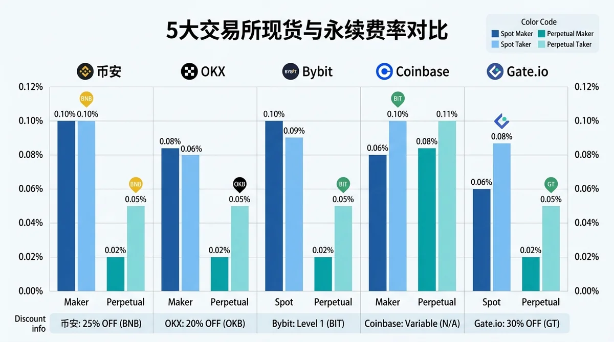 5大交易所现货与永续费率对比柱状图,分别展示 maker/taker 费率,并标注平台币折扣信息