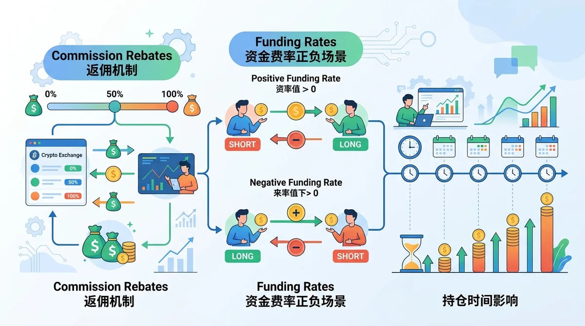 信息图展示返佣机制和资金费率对交易成本的影响,包括返佣比例范围、资金费率正负场景、持仓时间影响