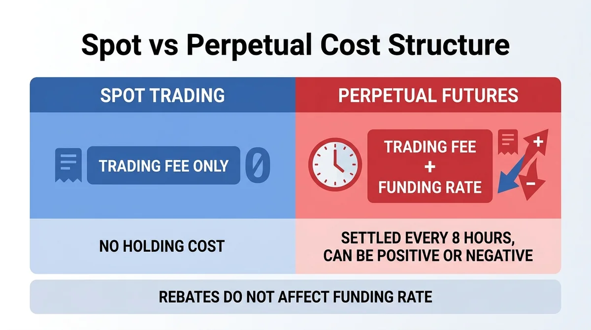 Wide 16:9 horizontal infographic comparing cost structure of spot trading versus perpetual futures, left panel for spot with