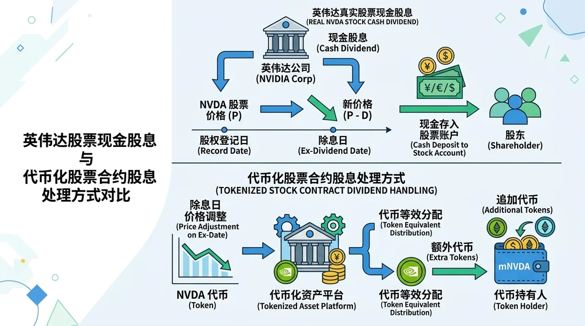 英伟达真实股票现金股息与代币化股票合约股息处理方式对比图，用两个流程图展示现金分红 vs 价格调整/等效分配