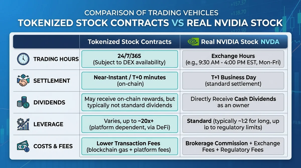 Wide 16:9 horizontal comparison chart, left column labeled 'Tokenized Stock Contracts', right column labeled 'Real NVIDIA Sto