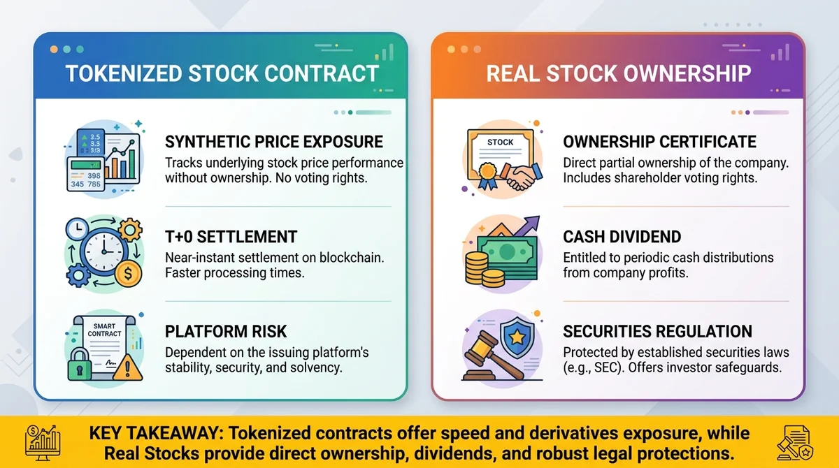 Wide 16:9 horizontal infographic, two-panel comparison with icons: left panel tokenized stock contract (synthetic price expos