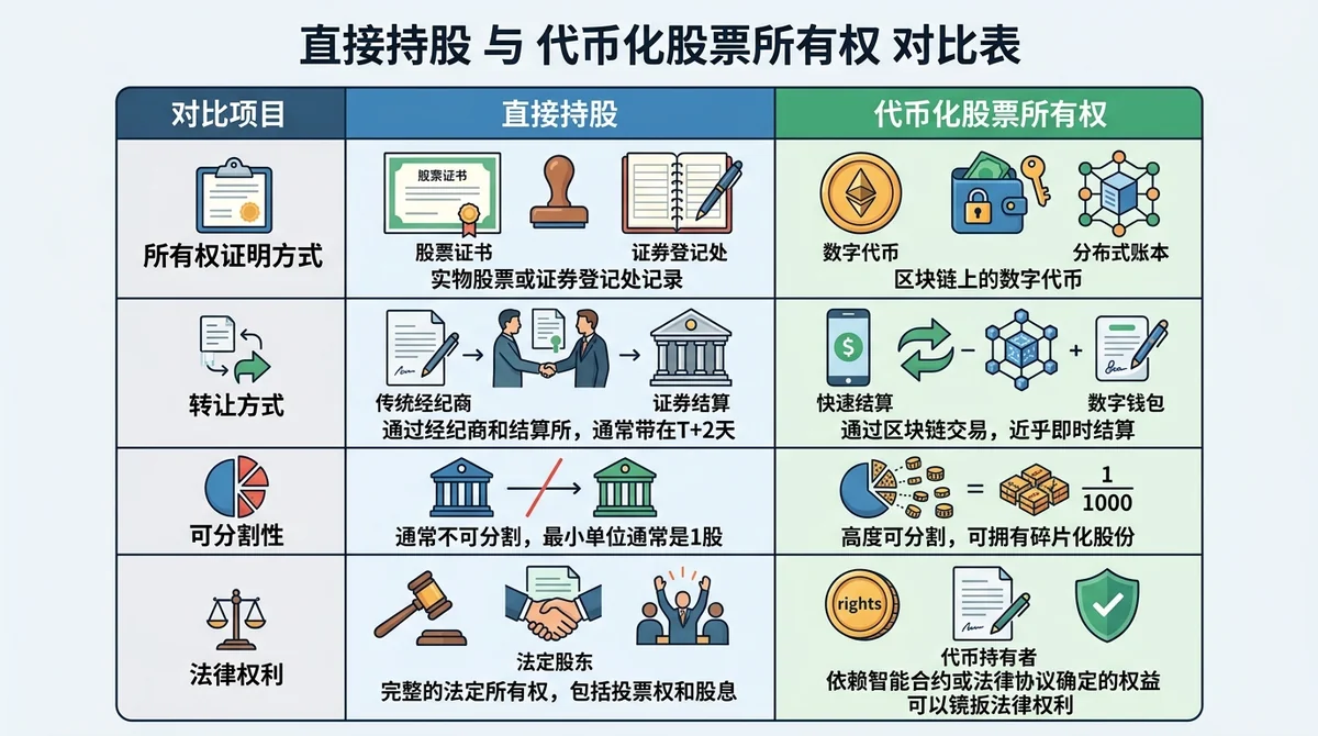 直接持股与代币化股票所有权对比表，并列展示所有权证明方式、转让方式、可分割性和法律权利差异