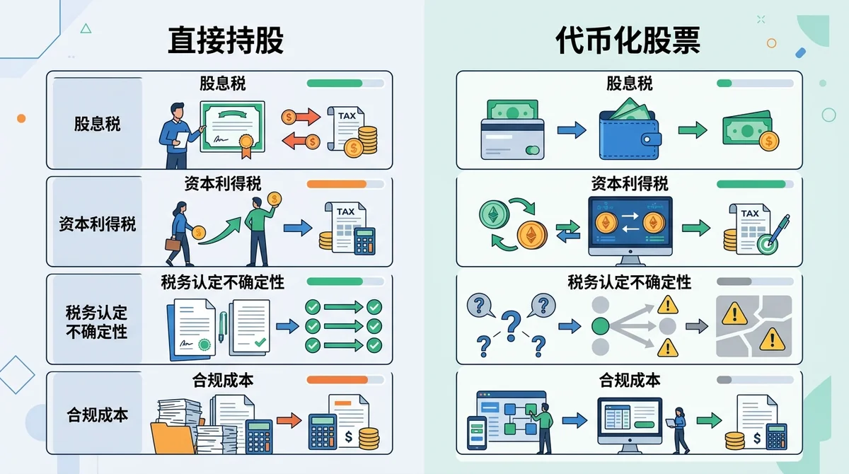 直接持股与代币化股票税务处理对比图，展示股息税、资本利得税、税务认定不确定性和合规成本差异