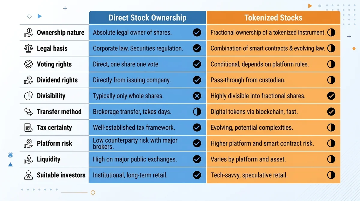 Wide 16:9 horizontal table infographic with two columns: left column header 'Direct Stock Ownership', right column header 'To
