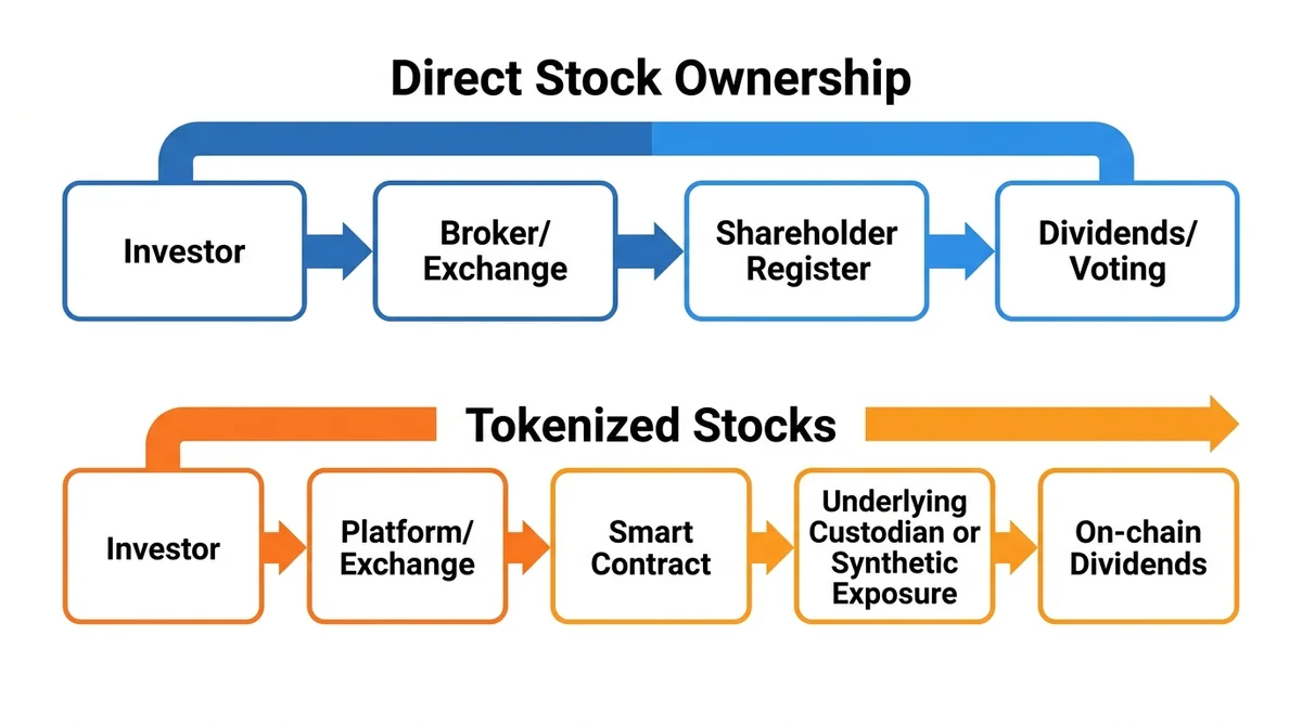 Wide 16:9 horizontal infographic flow diagram with two parallel horizontal flows; top flow labeled 'Direct Stock Ownership':