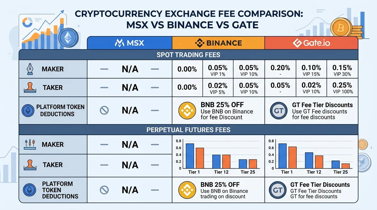 MSX vs Binance vs Gate 现货与永续费率对比表/柱状图,包含 maker/taker 费率和平台币抵扣,MSX 标注 N/A。