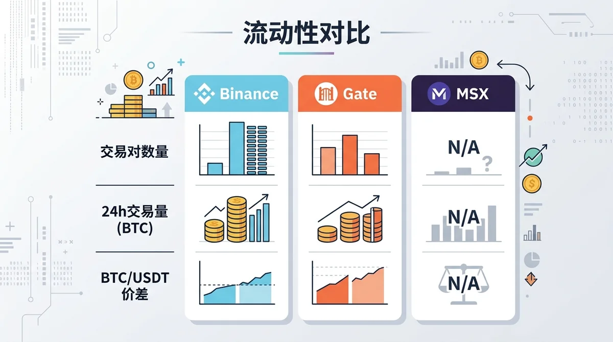 流动性对比:交易对数量、24h交易量(BTC)、BTC/USDT 价差,Binance 与 Gate 有数据,MSX 标注 N/A。