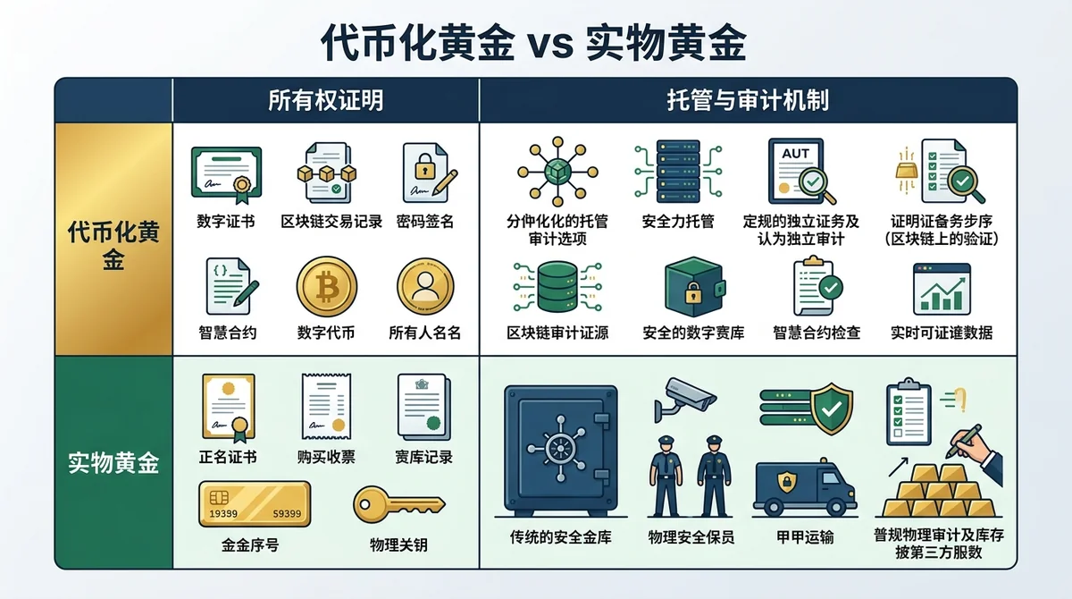 代币化黄金与实物黄金本质区别对比表格：所有权证明、托管与审计机制三列对比