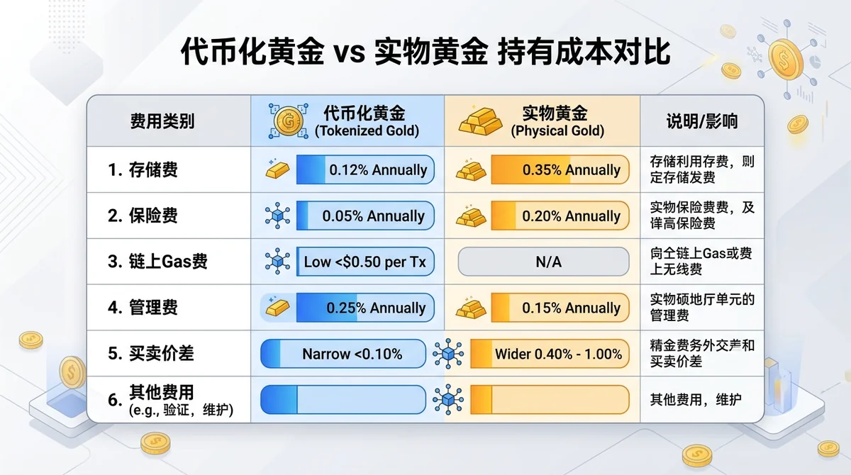 代币化黄金与实物黄金持有成本对比柱状图或表格：存储、保险、链上gas费、管理费、买卖价差等费用类别对比（具体数值待填）