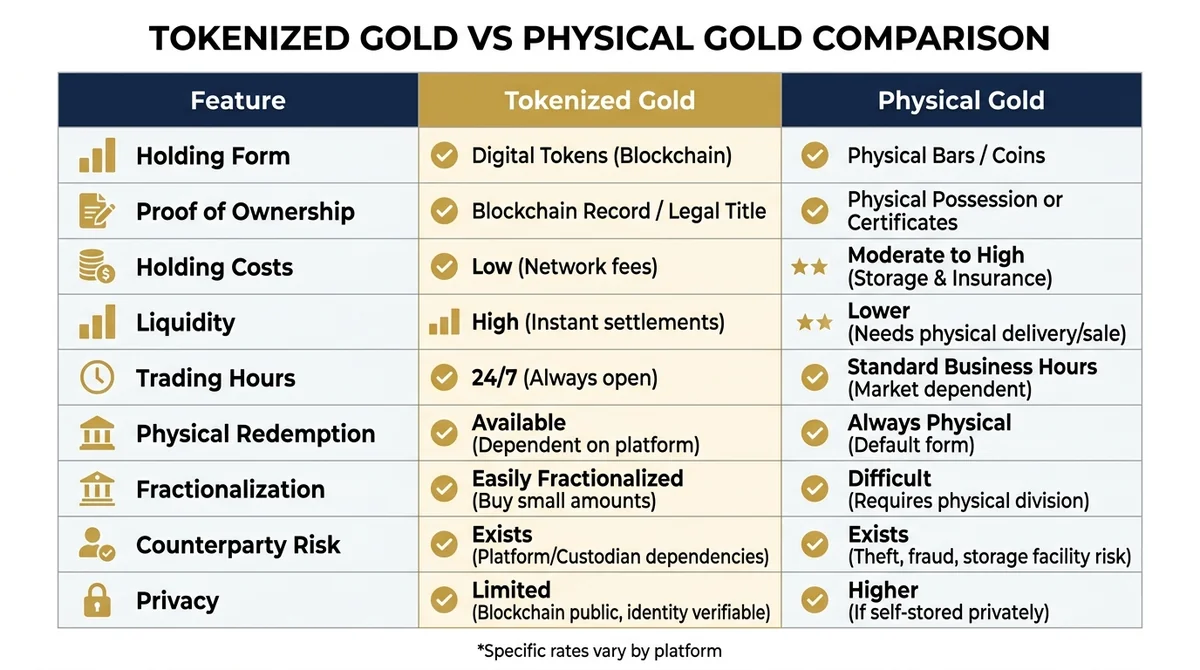 Wide 16:9 horizontal comparison chart, clean table layout with 9 rows for holding form, proof of ownership, holding costs, li