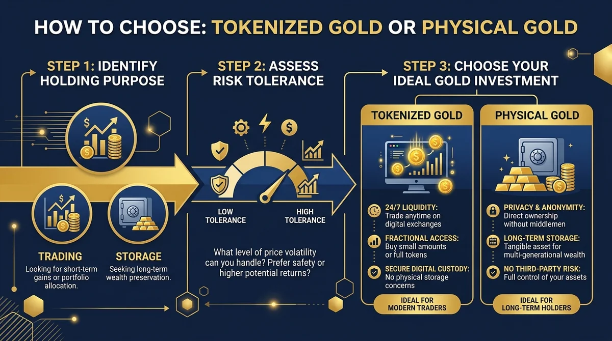 Wide 16:9 horizontal infographic, 3-step decision flow from left to right: Step 1 identify holding purpose trading or storage
