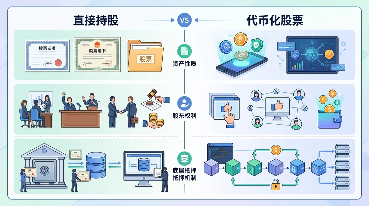 对比直接持股和代币化股票在资产性质、股东权利、底层抵押机制三个维度的核心区别，使用表格或并排图示