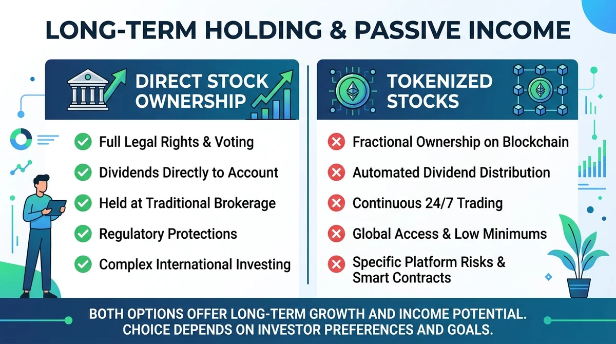 Wide 16:9 horizontal infographic, main subject centered and filling frame, bold English title 'Long-Term Holding & Passive In