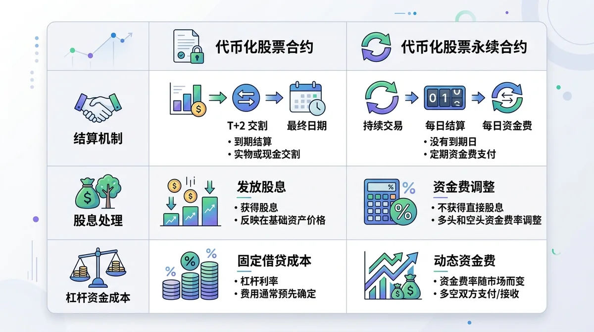 对比表格展示代币化股票合约与代币化股票永续在结算机制、股息处理、杠杆资金成本三个维度上的差异，两列并排