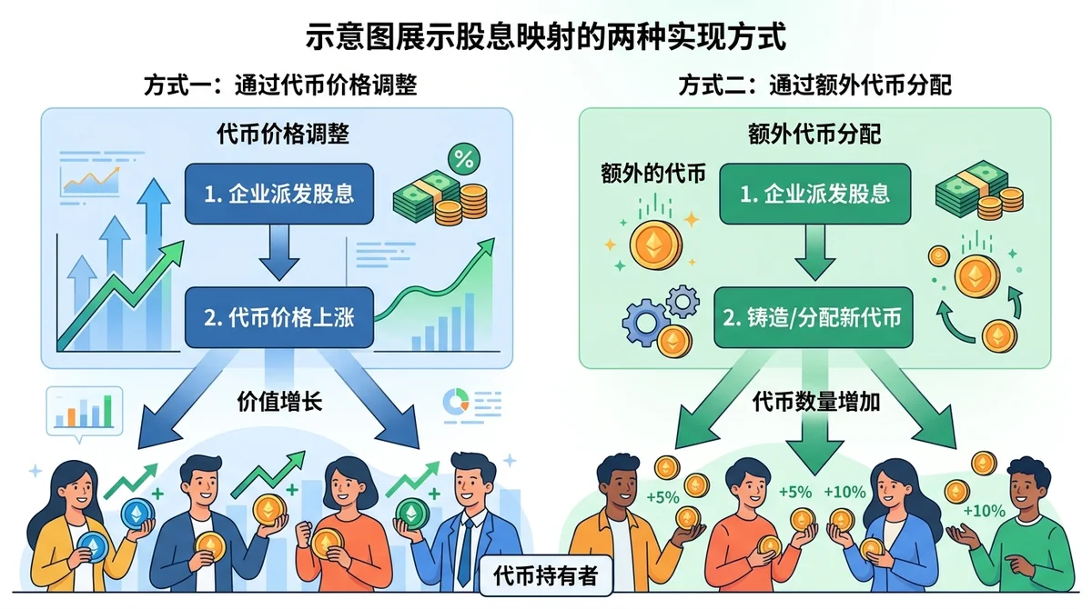 示意图展示股息映射的两种实现方式：左侧通过代币价格调整，右侧通过额外代币分配，箭头指向代币持有者