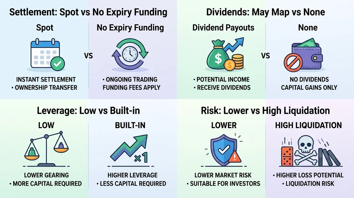 Wide 16:9 horizontal infographic, four quadrant layout: top-left 'Settlement: Spot vs No Expiry Funding', top-right 'Dividend