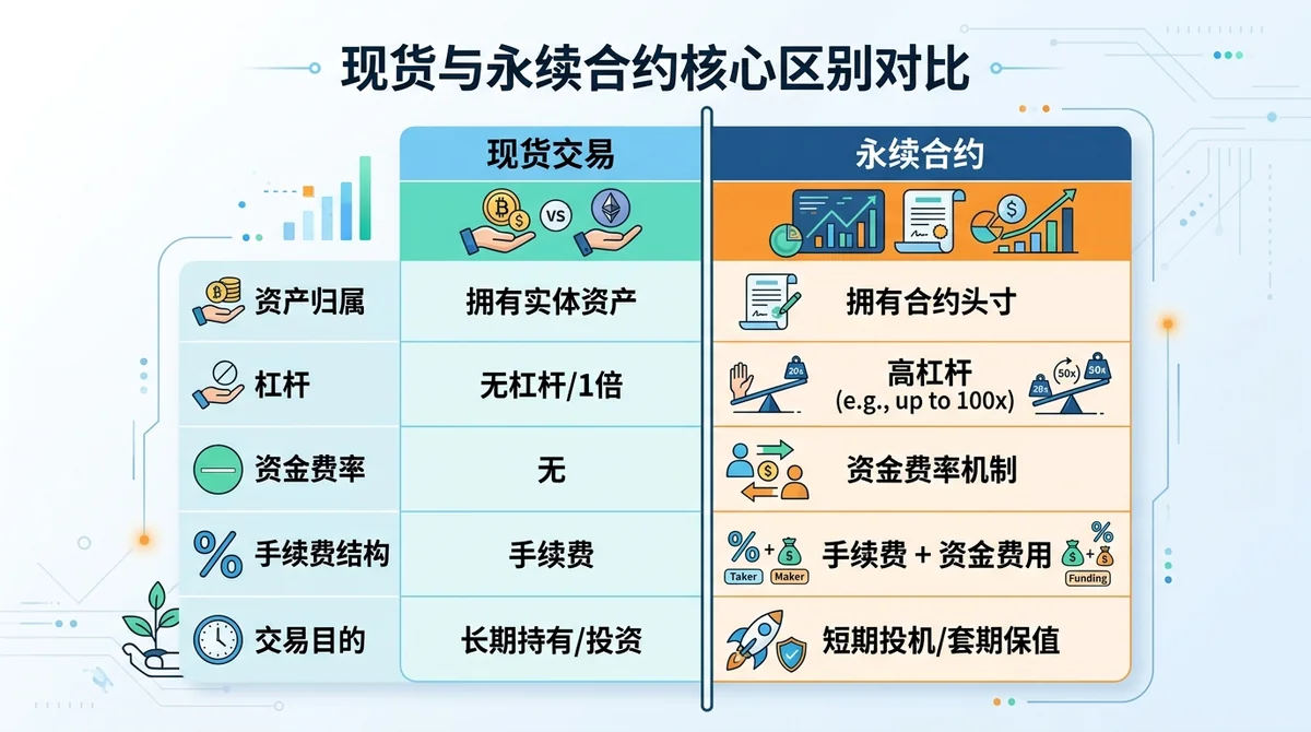 现货与永续合约核心区别对比表:对比资产归属、杠杆、资金费率、手续费结构等维度,用图标和简短标签呈现