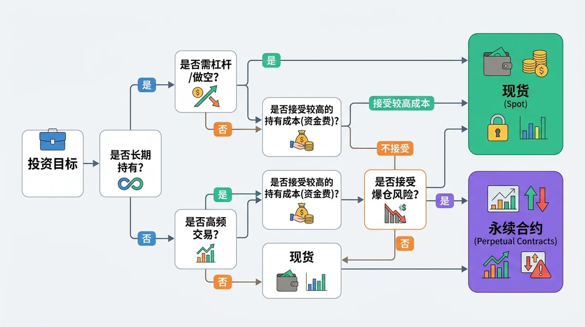 现货 vs 永续合约决策树流程图:从投资目标出发,经过是否长期持有、是否需杠杆/做空、是否接受爆仓风险等判断,最终指向现货或永续