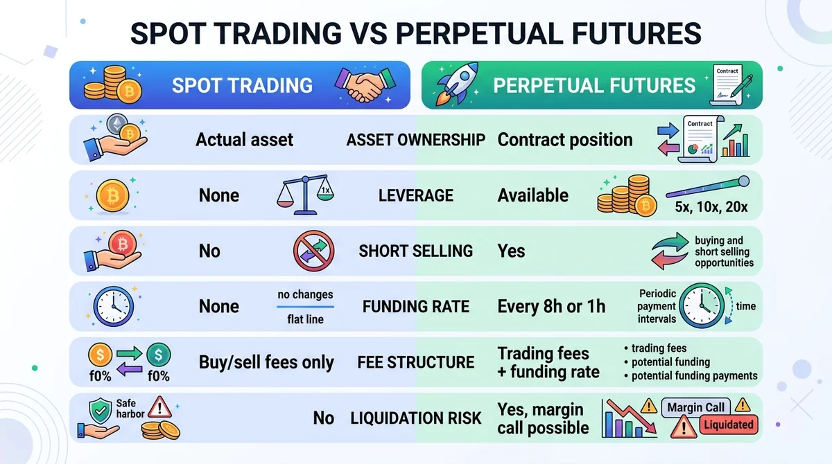 Wide 16:9 horizontal infographic, clean comparison table with two columns labeled 'Spot Trading' and 'Perpetual Futures', row