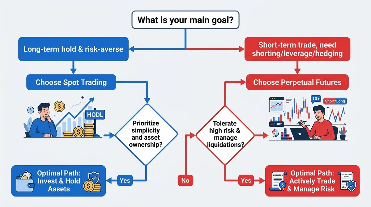 Wide 16:9 horizontal flowchart infographic, top question 'What is your main goal?', branches: 'Long-term hold & risk-averse'
