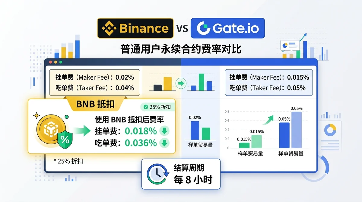 对比 Binance 和 Gate.io 普通用户永续合约费率，突出 BNB 抵扣后的差异，并标注结算周期为 8 小时