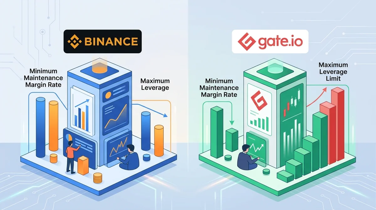 对比 Binance 和 Gate.io 的 BTCUSDT 最低维持保证金率与最大杠杆，突出 Gate 更低的 MMR 和更高的杠杆上限