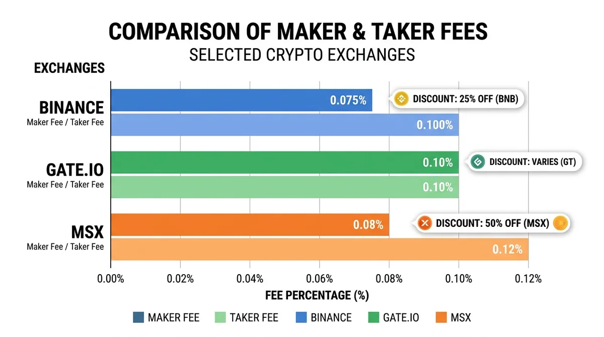 Wide 16:9 horizontal bar chart, grouped bars for maker and taker fees across Binance, Gate.io, MSX, clear axis labels, data l