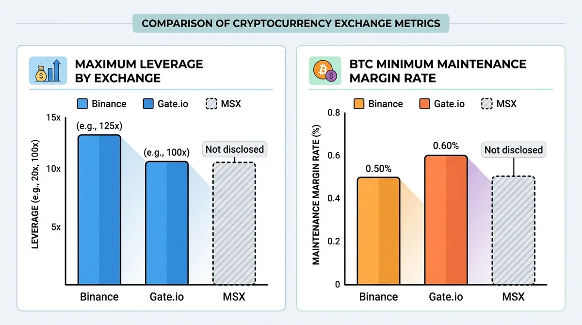Wide 16:9 horizontal infographic with two panels: left bar chart of maximum leverage for Binance, Gate.io, MSX; right bar cha