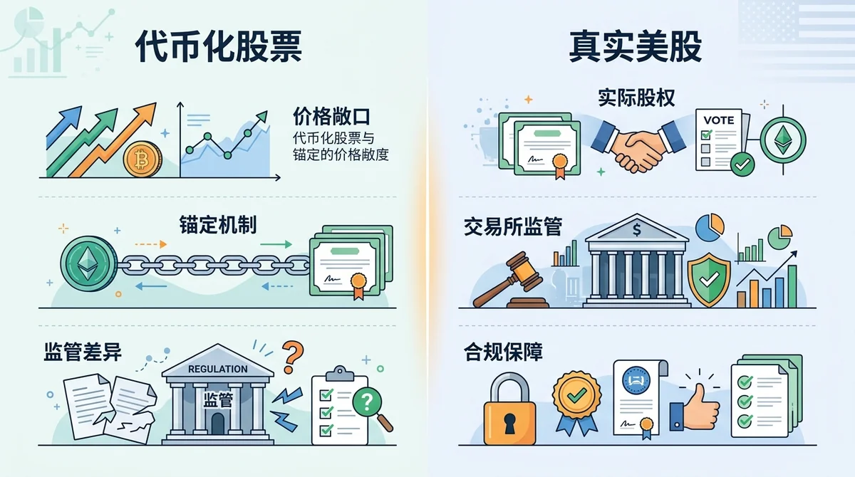 核心区别对比表格：左侧代币化股票（价格敞口、锚定机制、监管差异），右侧真实美股（实际股权、交易所监管、合规保障），横向双栏布局