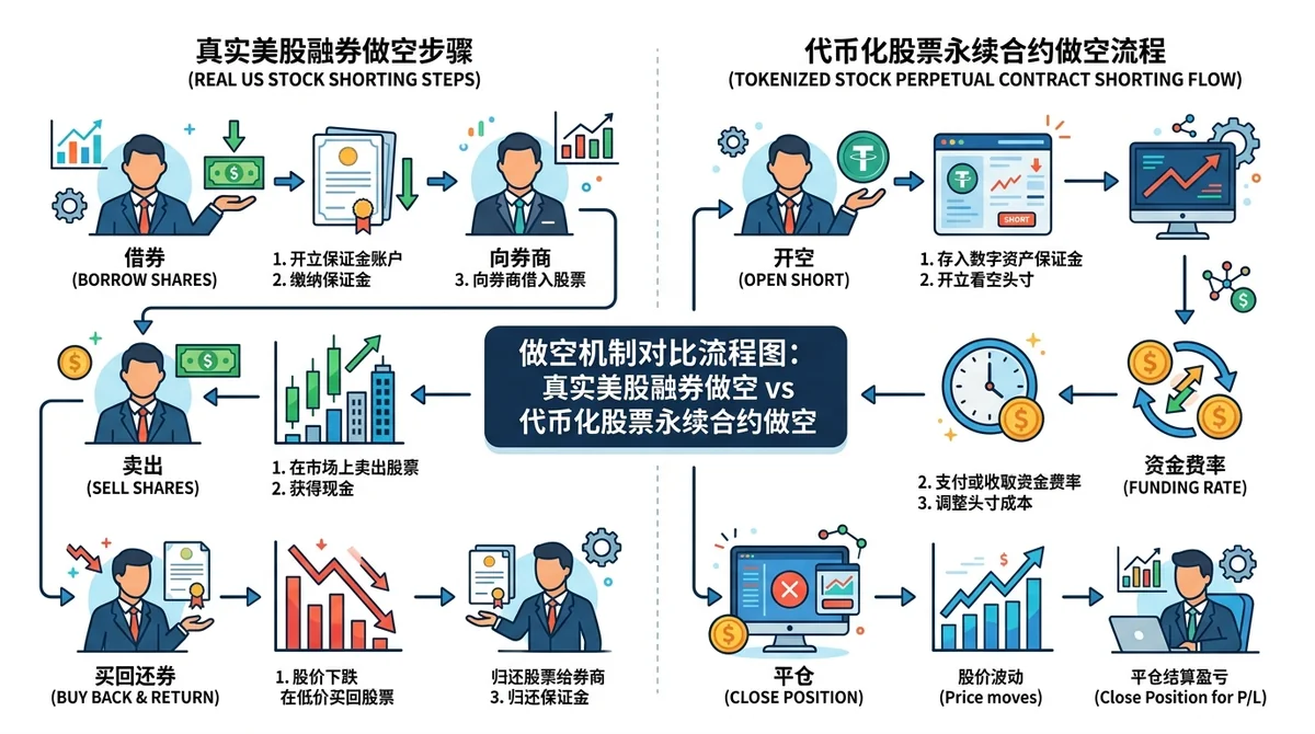 做空机制对比流程图：真实美股融券做空步骤（借券、卖出、买回还券）与代币化股票永续合约做空流程（开空、资金费率、平仓）并排对比