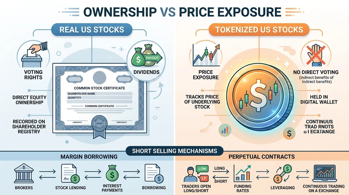 Wide 16:9 horizontal infographic, two-column layout comparing real US stocks and tokenized US stocks, left column showing sto