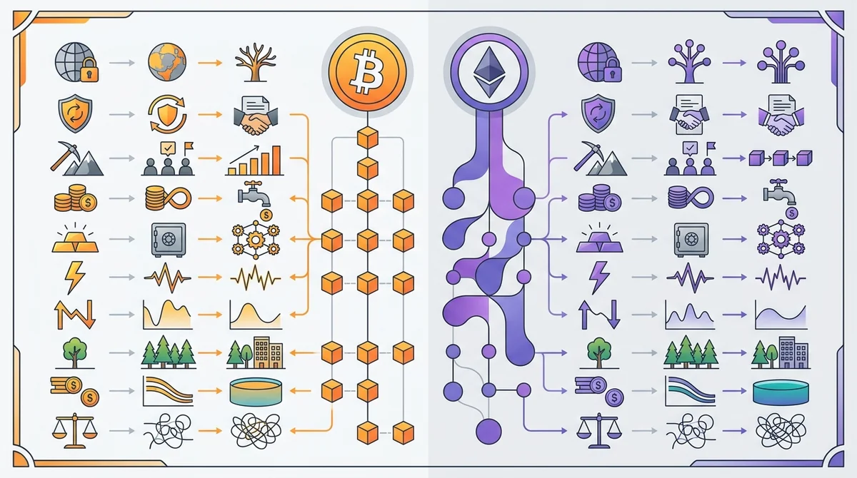 BTC vs ETH 关键差异对比图,包含8-10个维度:定位、核心用途、共识机制、供应机制、价值驱动、风险特征、波动性、生态成熟度、流动性、相关性。用表格或雷达图形式展示,标注 BTC PoW/固定供应,ETH PoS/动态供应等。
