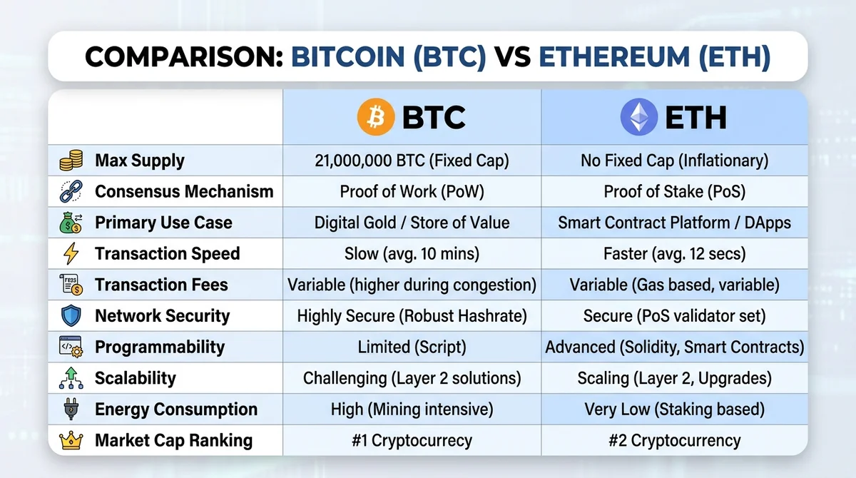 Wide 16:9 horizontal comparison table, two main columns labeled 'BTC' and 'ETH', rows for 10 dimensions with clear icons, sup