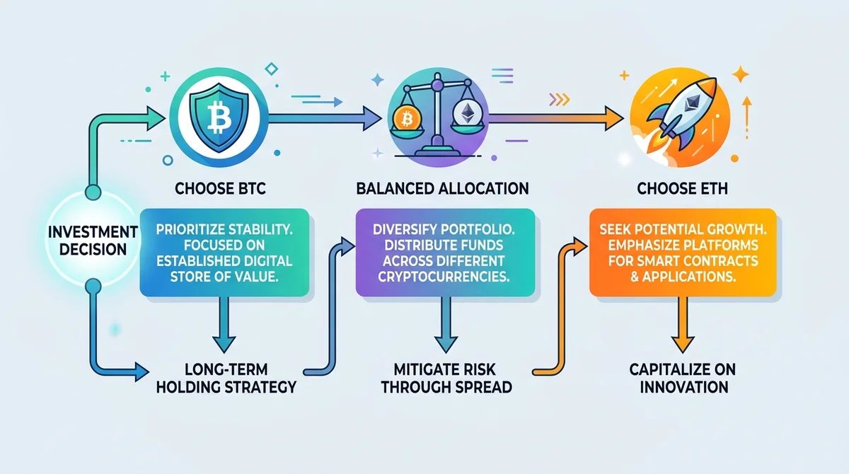 Wide 16:9 horizontal flow diagram with three branches, left branch labeled 'Choose BTC' with shield icon, middle branch label