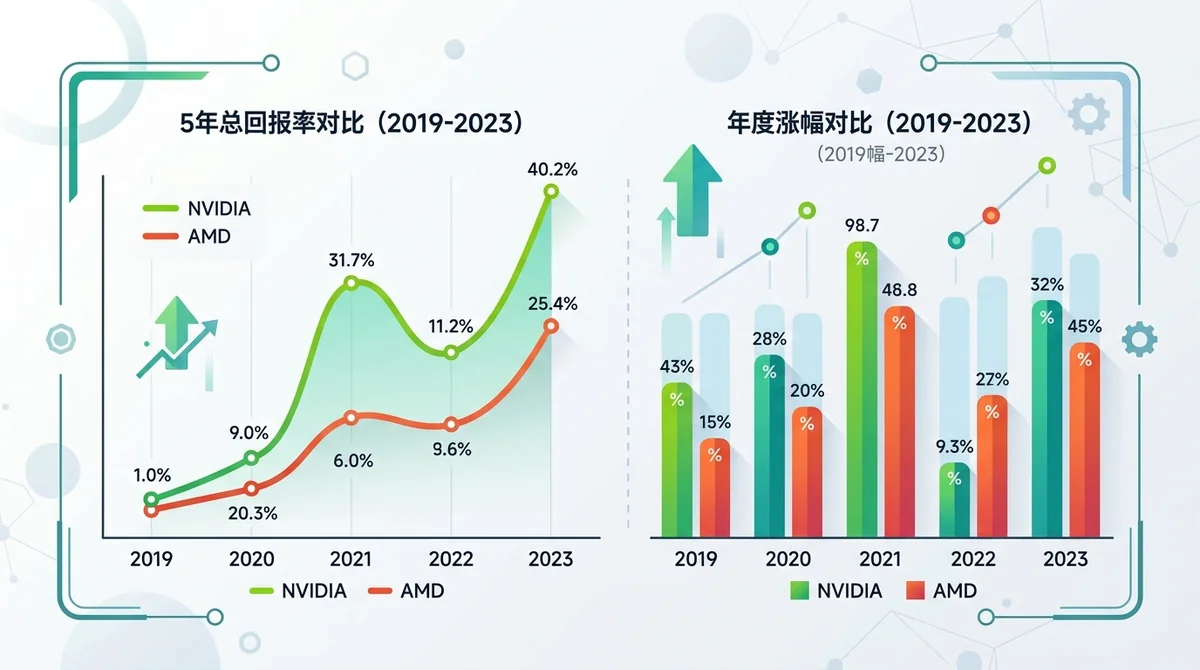 Nvidia与AMD近年来股价表现对比折线图或柱状图，展示5年总回报率或年度涨幅