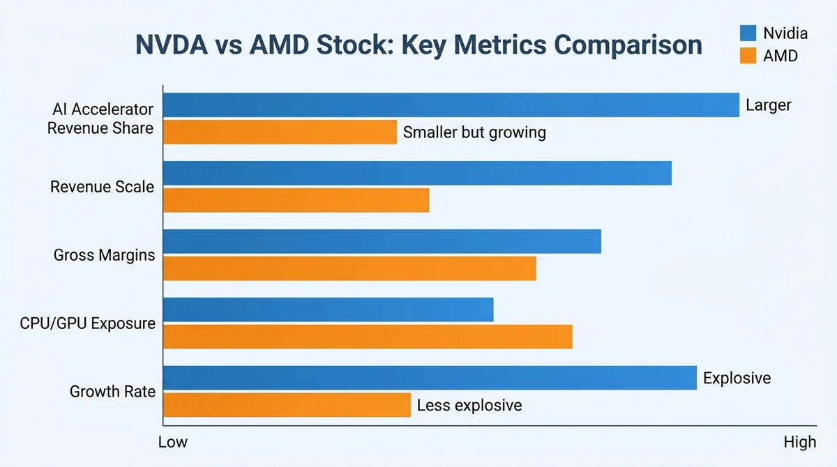 Wide 16:9 horizontal bar chart, grouped bars comparing Nvidia and AMD across five labeled categories in English: AI Accelerat