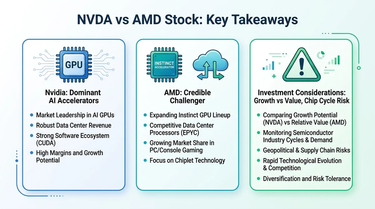 Wide 16:9 horizontal infographic, bold English title 'NVDA vs AMD Stock: Key Takeaways', three card sections: left card 'Nvid