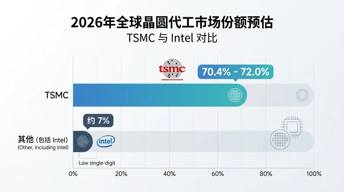 TSMC 与 Intel 在 2026 年晶圆代工市场份额对比横向柱状图，标注 TSMC 约 70.4%-72%，Intel 归入 low single-digit 'other' 约 7%