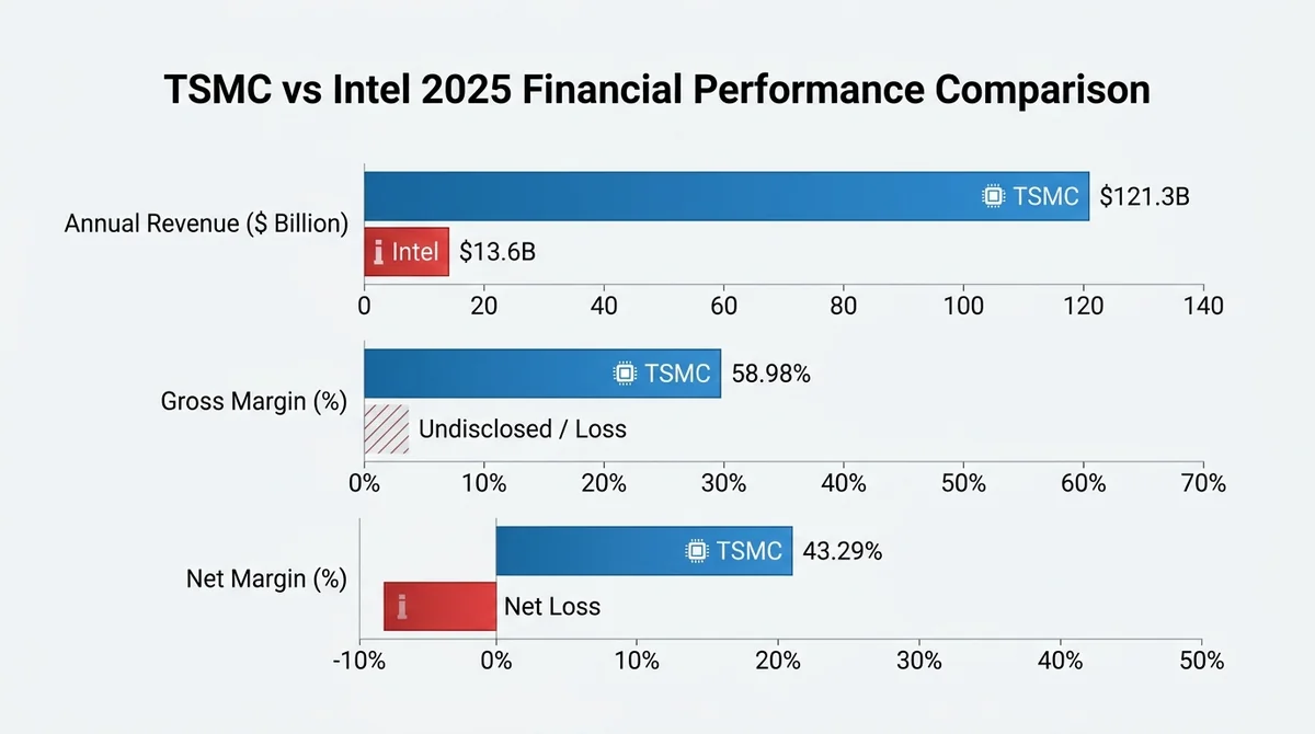TSMC vs Intel 最新财务数据对比横向柱状图：2025全年营收（TSMC $121.3B vs Intel $13.6B）、毛利率（58.98% vs 未披露/亏损）、净利率（43.29% vs 净亏损）