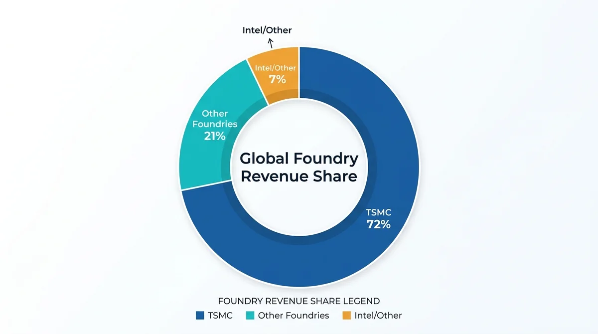 Wide 16:9 horizontal donut chart, segments labeled TSMC 72%, Intel/other 7%, other foundries 21%, center text 'Global Foundry