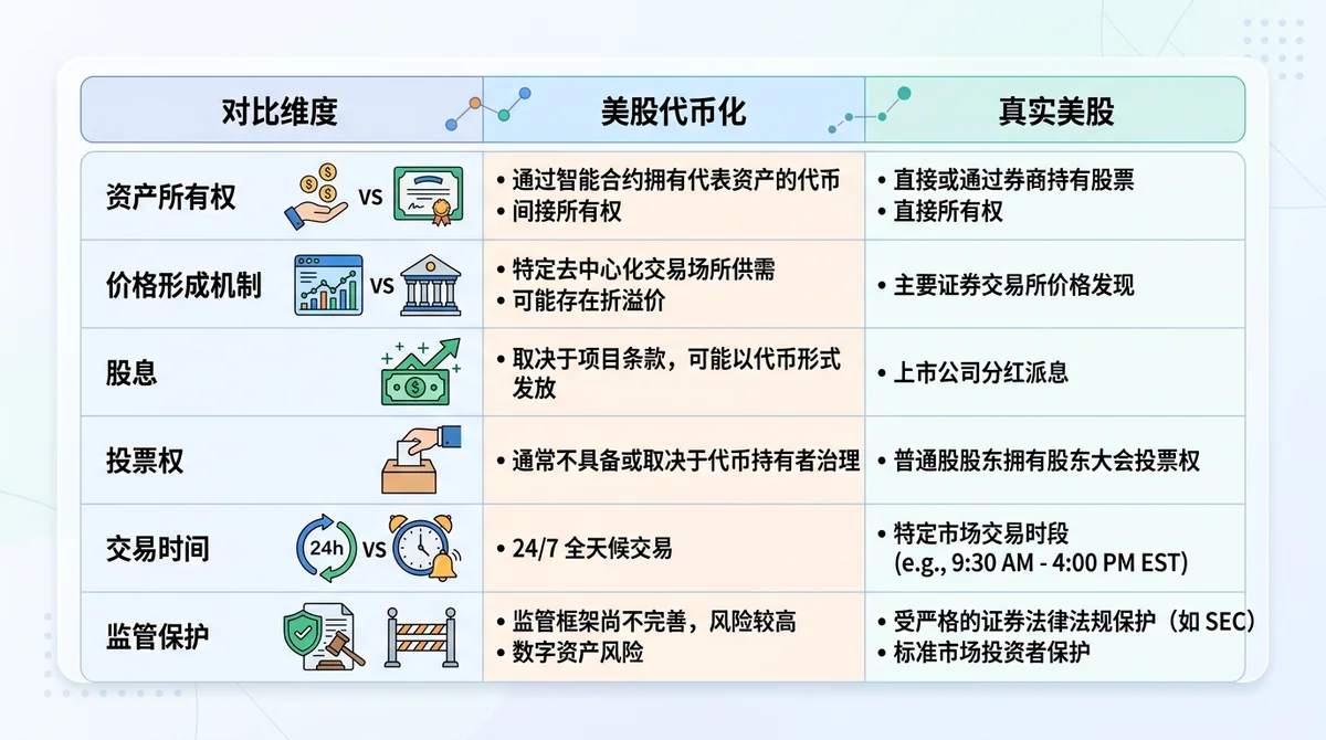 对比表展示美股代币化与真实美股在资产所有权、价格形成机制、股息、投票权、交易时间、监管保护等维度的区别