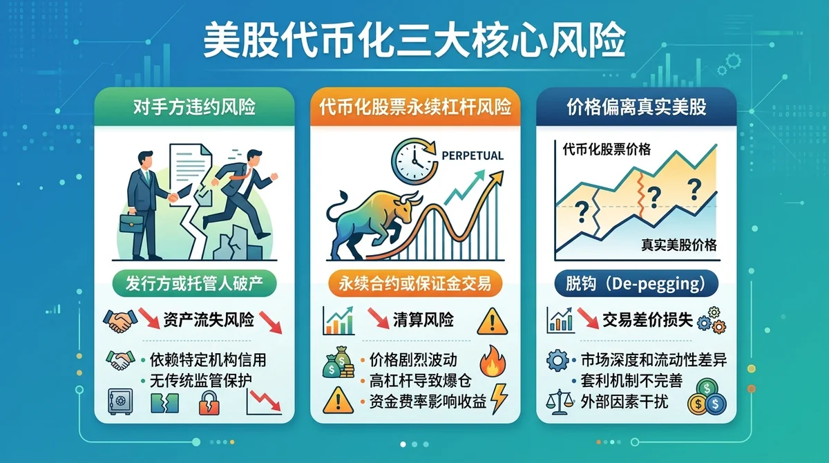 信息图展示美股代币化三大核心风险:对手方违约风险、代币化股票永续杠杆风险、价格偏离真实美股,用图标和标签呈现