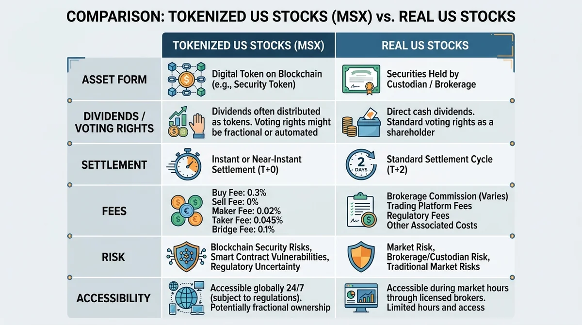 Clean comparison table infographic, rows: Asset form, Dividends/Voting Rights, Settlement, Fees, Risk, Accessibility; columns