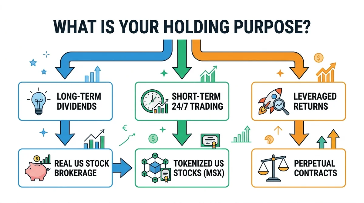 Flowchart infographic, top question 'What is your holding purpose?', three branches with icons: long-term dividends -> real U