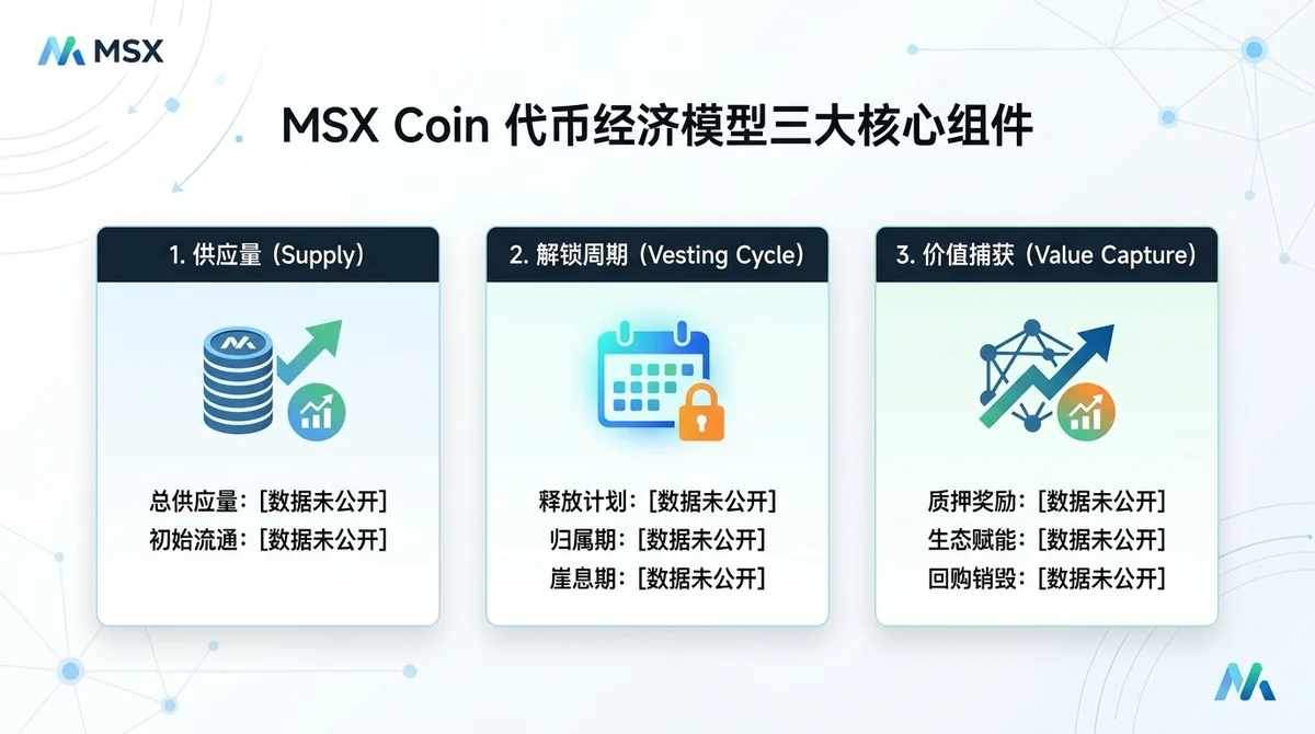 展示 MSX Coin 代币经济模型三大核心组件:供应量、解锁周期、价值捕获,每个卡片标注'数据未公开'