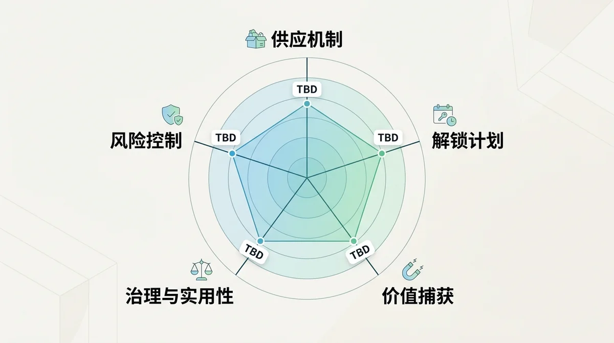 五维评估雷达图:供应机制、解锁计划、价值捕获、治理与实用性、风险控制,所有维度显示 TBD