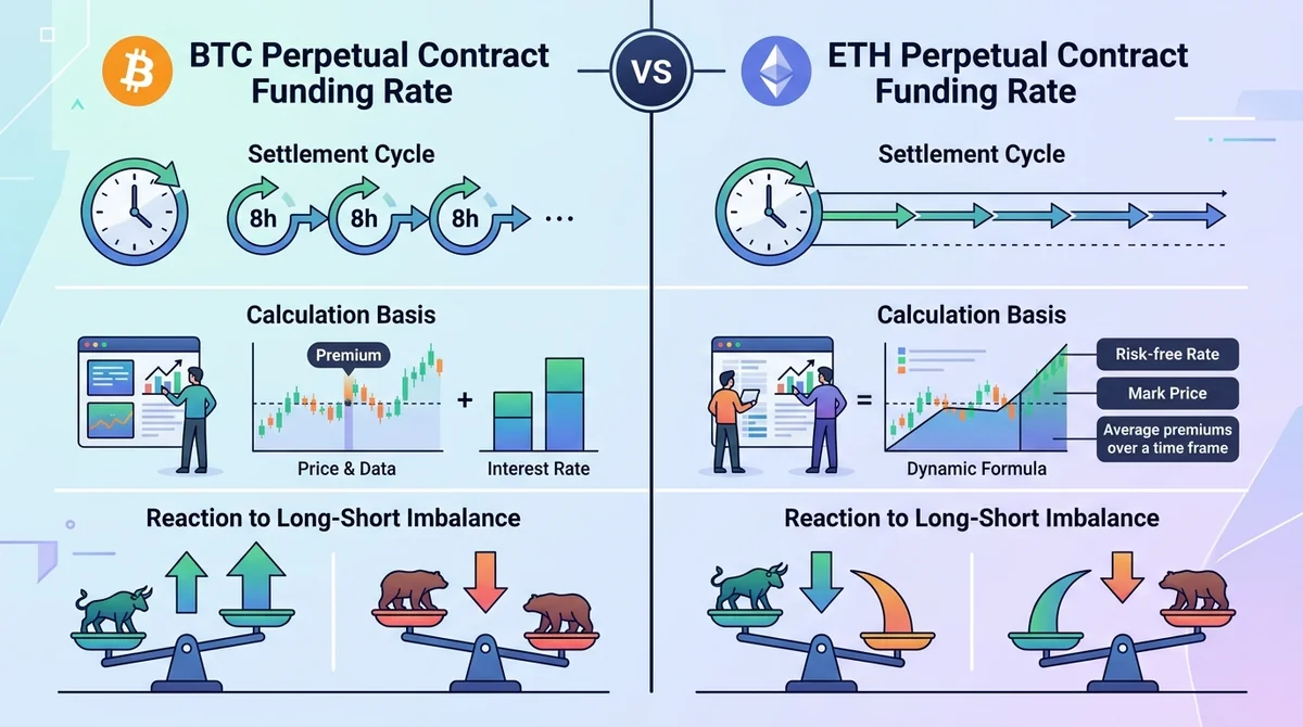 对比 BTC 和 ETH 永续合约资金费率机制的核心差异，包括结算周期、计算基准以及对多空持仓失衡的反应