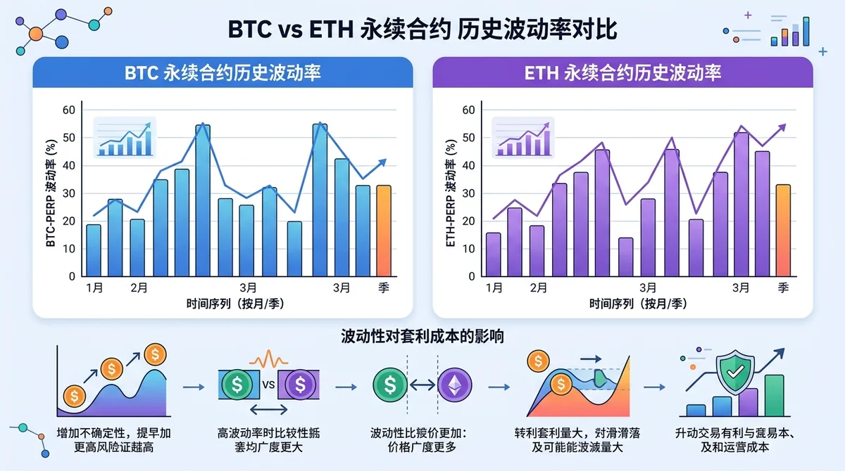 展示 BTC 和 ETH 永续合约的历史波动率对比柱状图，并标注波动性对套利成本的影响