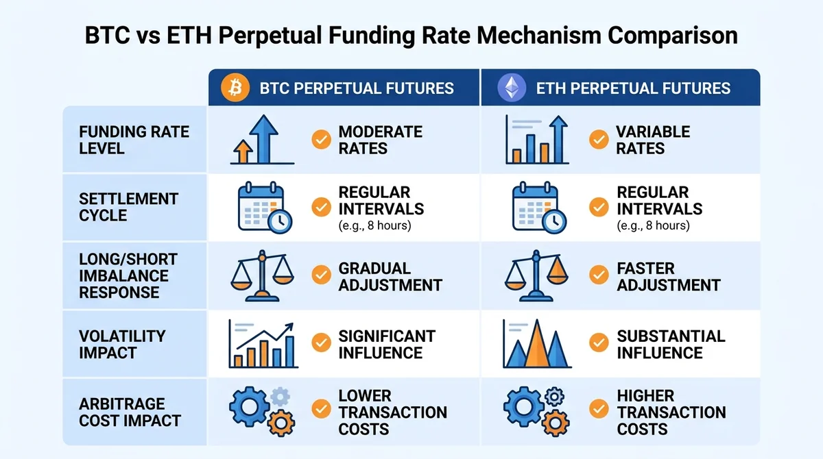 Wide 16:9 horizontal comparison chart, two columns for BTC and ETH perpetual futures, rows for funding rate level, settlement